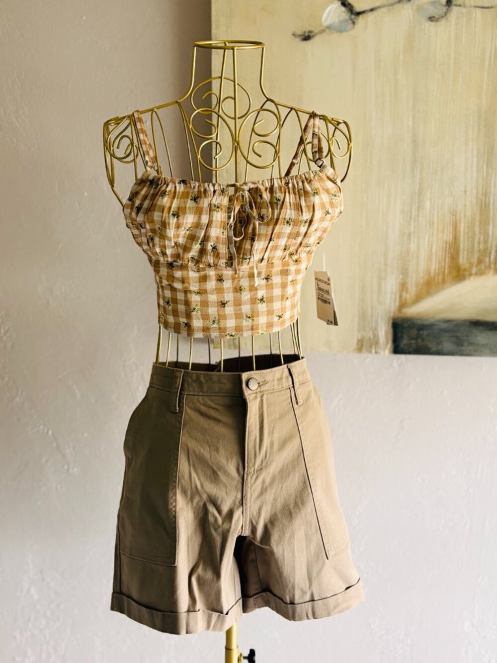 NWT BP Nordstrom Ivory Beige Picnic Check Crop Tank Top Size M - Picture 2 of 7